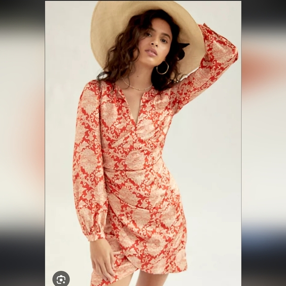 Anthropologie Skylar Floral Red Silk Blend Boho Faux Wrap Mini Dress. 8 - Picture 2 of 10